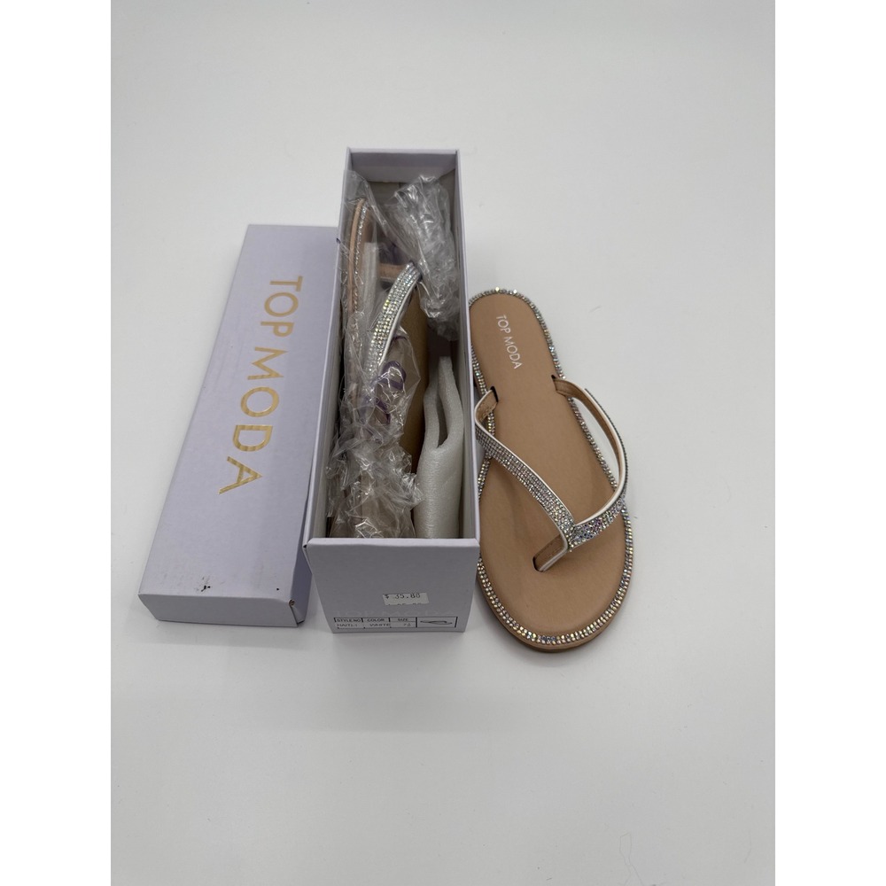Top Moda Haiti-1 White Rhinestone Embellished Thong Sandals Flat Flip Flops 7.5